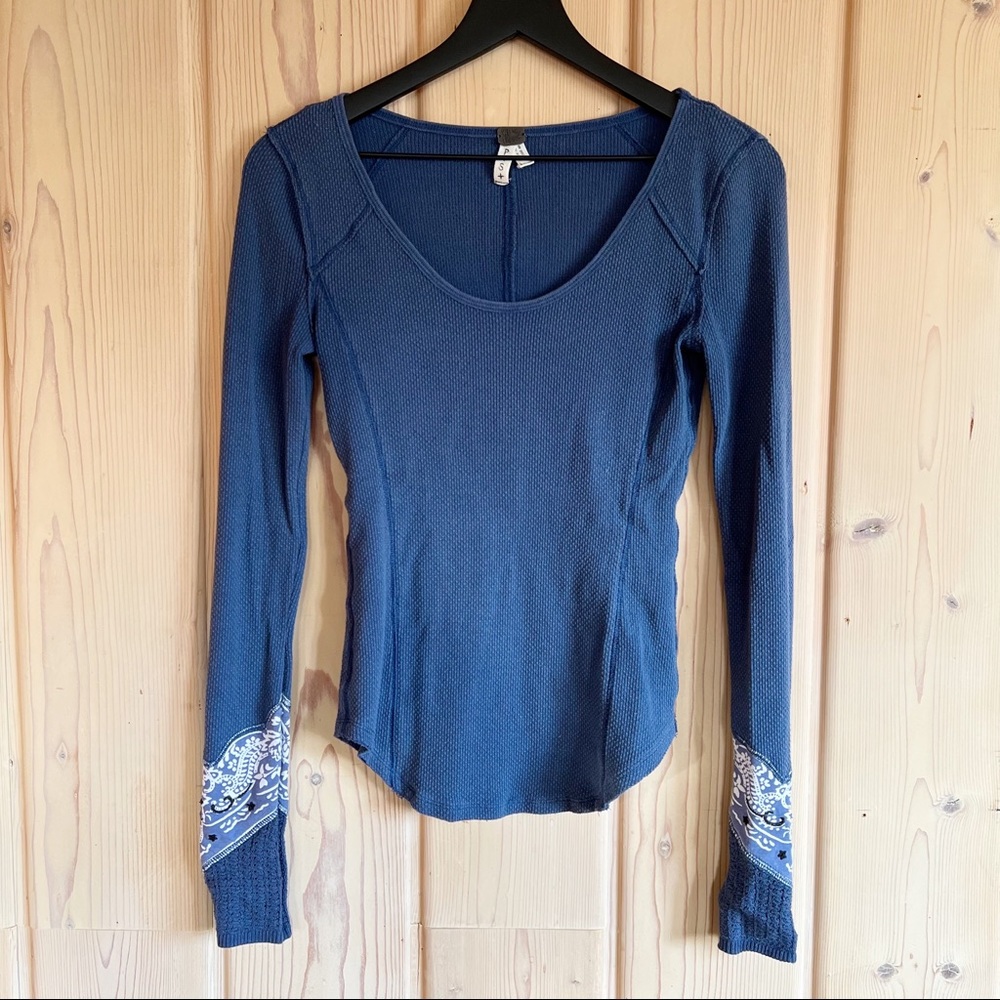 Free People Blue Kombucha Cuff Crewneck Long Sleeve Shirt Size XS